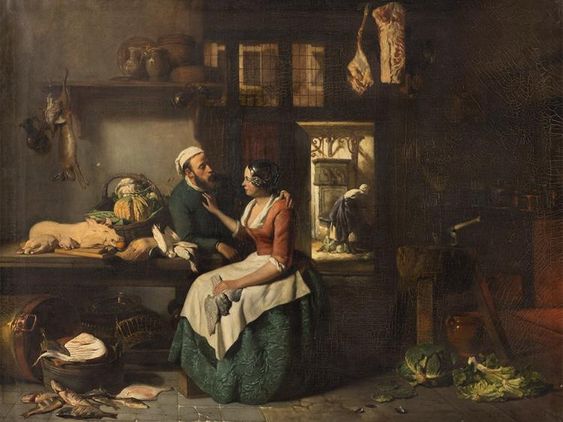 Lovers closely connected to each other painted in a kitchen interior surrounded by vegetables, salad, meat and fish, right beside is an open door which provides an insight into the next room - Hubertus van Hove