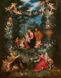 The Holy Family surrounded by angels in a garland of flowers on a landscape background - Ян Брейгель Молодший