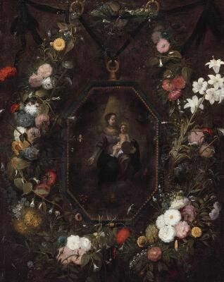 A garland of flowers surrounding a medallion of the Virgin and Child - Jan Brueghel the Younger