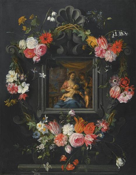 A Garland of Flowers Surrounding the Virgin and Child - Jan Brueghel, o Jovem