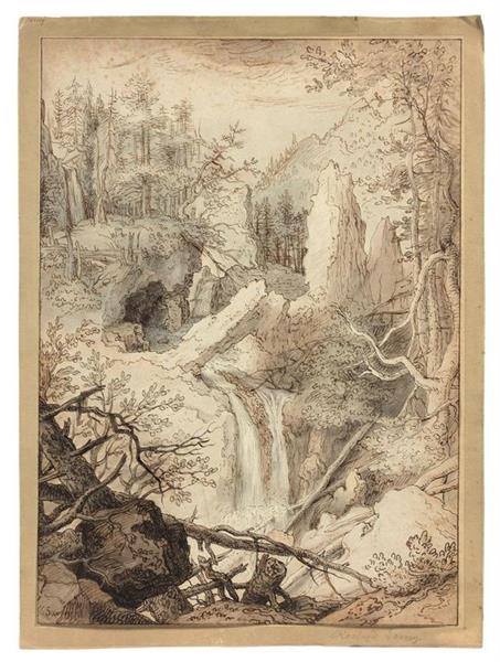 Rocky landscape with a waterfall Pen and brown ink, brown wash and gray wash - Тобиас Верхахт