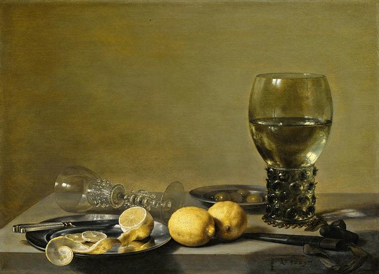 Still Life of Lemons and Olives Pewter Plates a Roemer and a Facon De Venise Wine Glass on a Ledge - Питер Клас