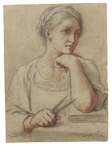 STUDY OF A YOUNG WOMAN HER ARM RESTING ON A BOOK HOLDING A COMPASS IN HER RIGHT HAND - Ginevra Cantofoli