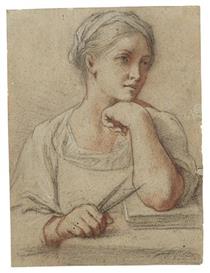 STUDY OF A YOUNG WOMAN HER ARM RESTING ON A BOOK HOLDING A COMPASS IN HER RIGHT HAND - Ginevra Cantofoli