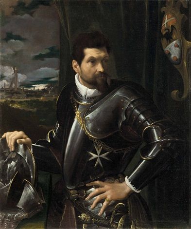 Portrait of Carlo Alberto Rati Opizzoni in armour three-quarter-length wearing the Order of the Knights of Malta the city of Bologna beyond - Ludovico Carracci