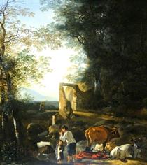 Landscape with Cattle and Figures - Adam Pynacker