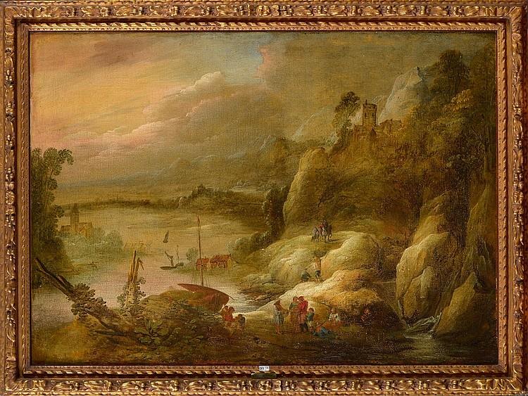 Paysage fluvial montagneux animé - Adriaen Frans Boudewyns
