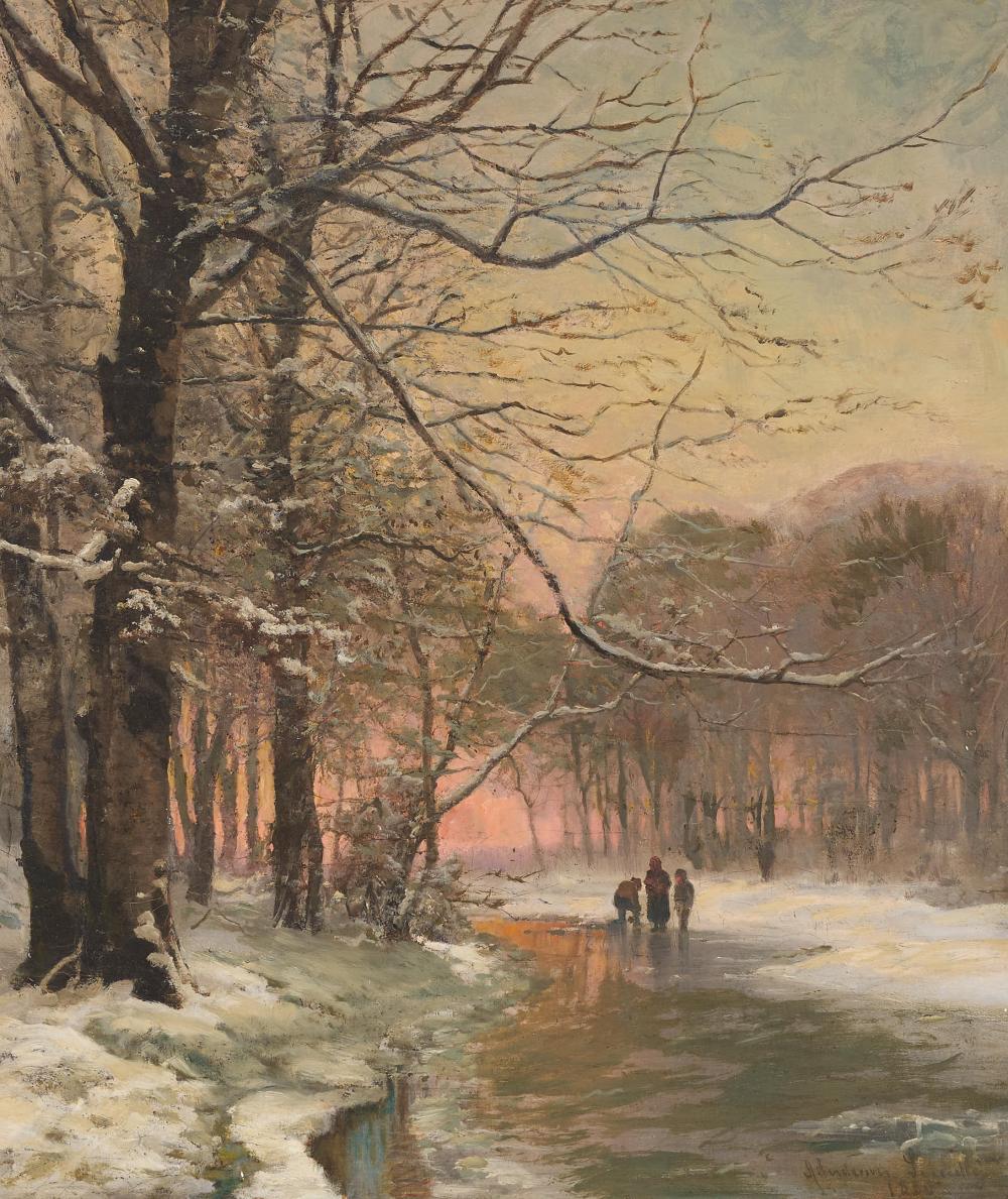 Art Oil painting Anders Andersen-Lundby A Winter's Evening in landscape river 