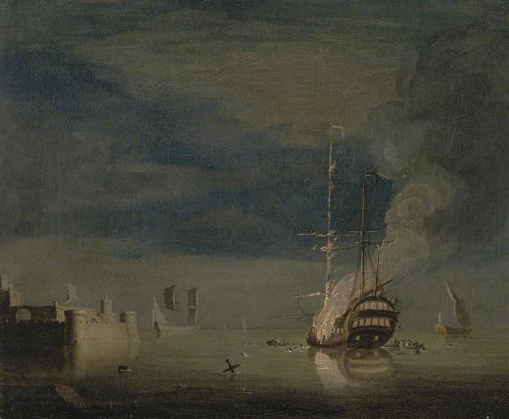A Two-Decker on Fire at Night off a Fort - Charles Brooking