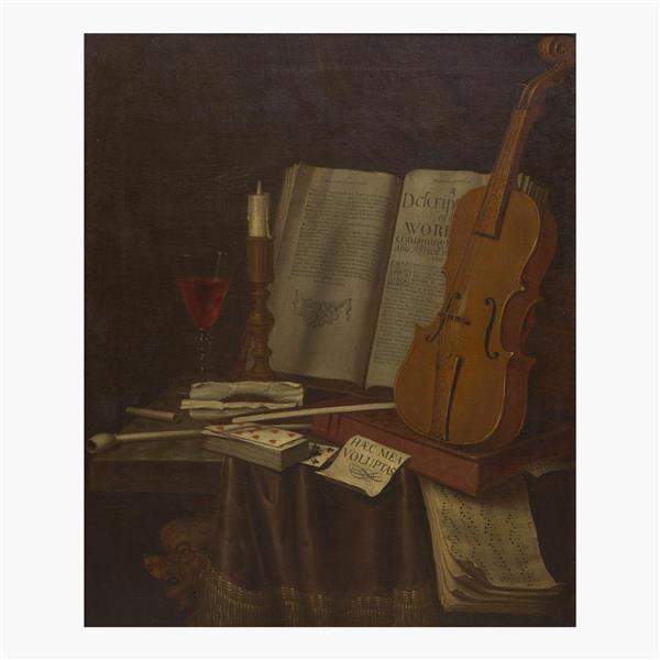 A Tabletop Still Life with Violin, Music Sheets, Tobacco, Smoking Utensils, Books, Wine and Candle (Vanitas) - Edward Collier