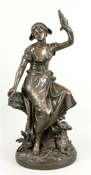Large statue of a young maid with a spindle and a lamb at her feet - Eugène Laurent