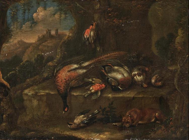 Hunting still life with birds and dog - Gryef