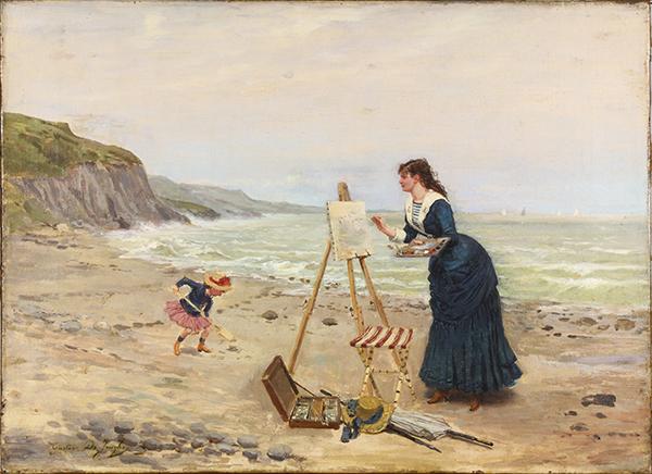 Beach Scene with Woman Painting at an Easel while a Child is Playing - Gustave Léonard De Jonghe   The Japanese Fan