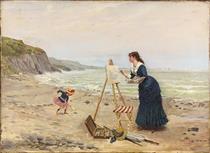 Beach Scene with Woman Painting at an Easel while a Child is Playing - Gustave Léonard De Jonghe   The Japanese Fan