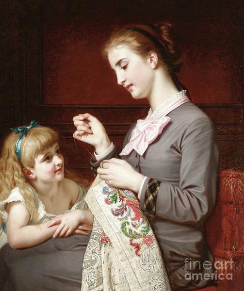 The Embroidery Lesson - Hugues Merle