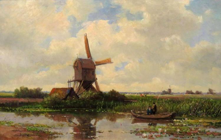 Anglers in a Boat near a Windmill - Jan Willem van Borselen