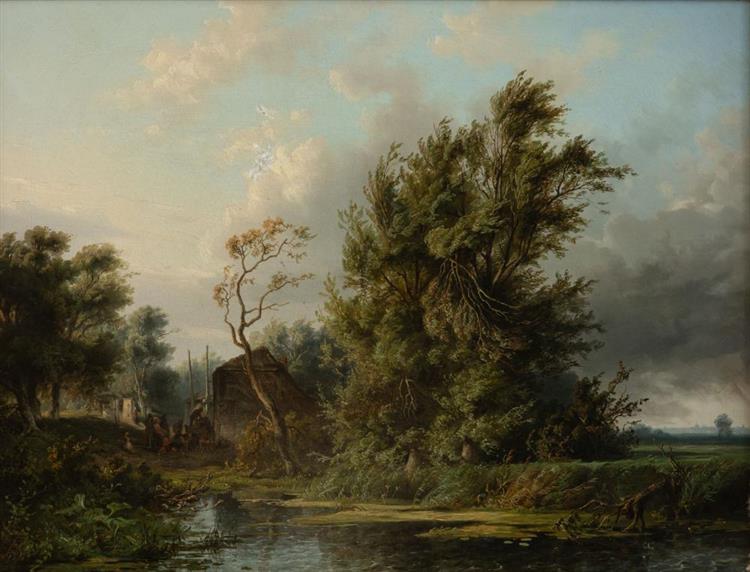 Dutch landscape with figures at work near a farm by the water - Jan Willem van Borselen