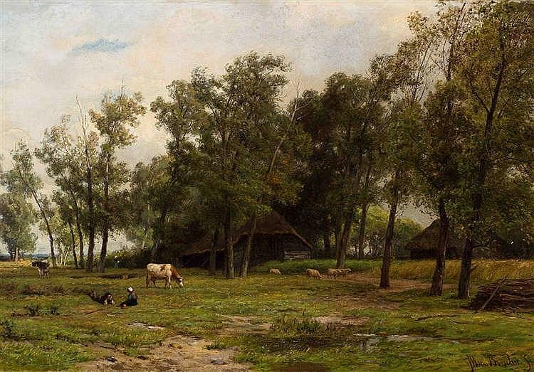 Summer afternoon with resting figures, cows and sheep by a sheep pen - Jan Willem van Borselen