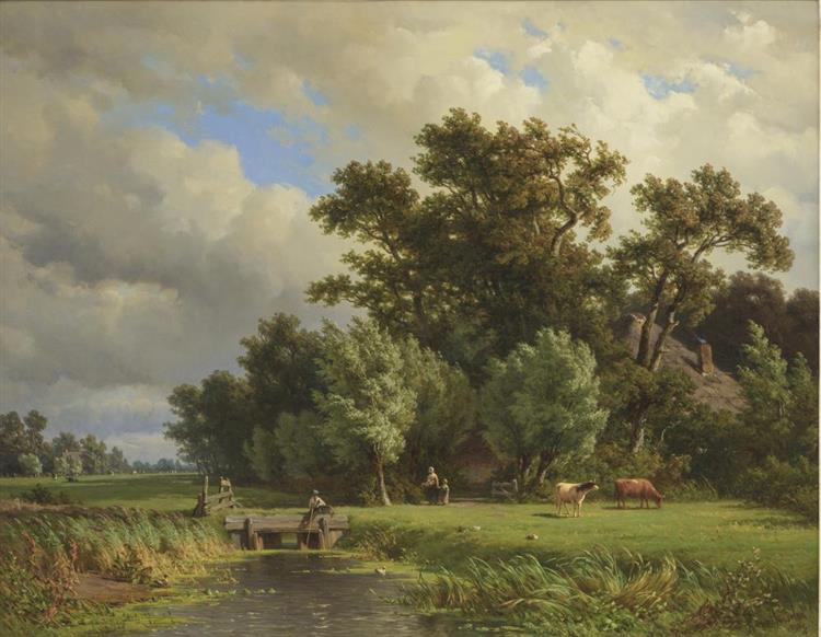 An arboreal summer landscape with an angler and a peasantwoman with her child - Jan Willem van Borselen