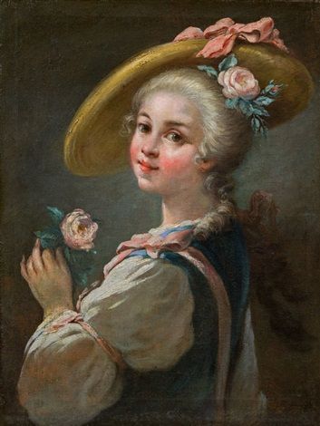 Junges Mädchen mit Strohhut und Rosen, wohl - Jean-Baptiste Charpentier the Elder