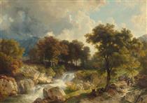 Forest landscape with river and goats - Johann Gottfried Steffan