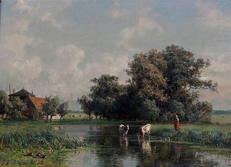 Landscape with drinking cows by a farm - Johannes Joseph Destrée
