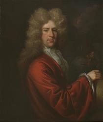 PORTRAIT OF A GENTLEMAN, HALF LENGTH, IN A RED COAT, HIS RIGHT HAND RESTING ON A CELESTIAL GLOBE, A NAVAL ACTION BEYOND - John Closterman