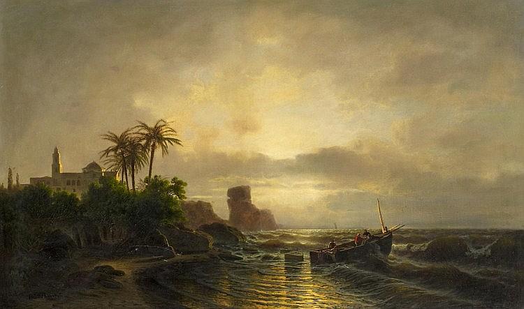 On the Adriatic Sea. Fishers off the Coast, a Monastery on the left Bathed in Evening Light - Julius Kohnholz