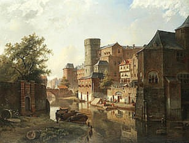Trading boats on a Dutch town canal - Kasparus Karsen