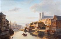 A view of a sunlit city along a river - Kasparus Karsen