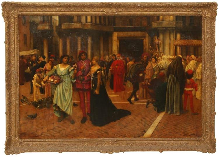 A city square scene with the focal point being of a man and two woman wearing vibrantly colored, extravagant garments - Leopold Muller