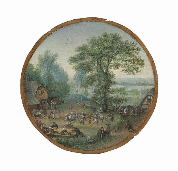 A wooded landscape with figures dancing and merry-making in a village - Lucas van Valckenborch