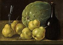 Pears and a melon, with a wine bottle and a glass on a table - Luis Meléndez