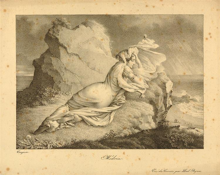 A scene from Lord Byron's poem "The Corsair": The distraught Medora, reclining on a rock overlooking the shore, her garment swirling in the wind; the name of her husband, Conrad, is carved in Greek letters on the rock - Marie-Philippe Coupin de la Couperie