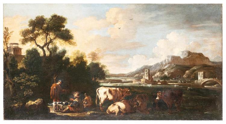 Veduta con il Ponte Salario e pastori - Michelangelo Cerquozzi
