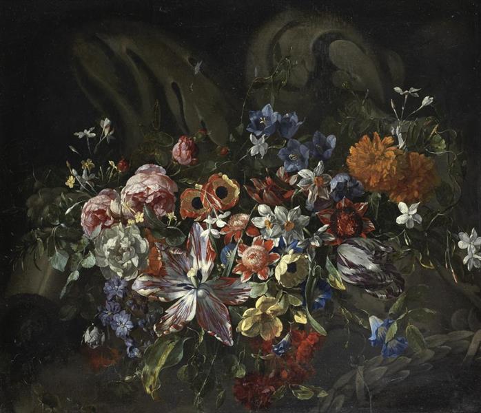 A garland of roses, tulips, convolvulus and other flowers before a stone niche - Nicolaes van Verendael
