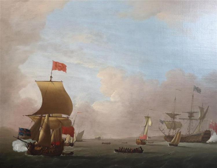 Men-o'-war and other vessels in an estuary with salutes being fired - Peter Monamy