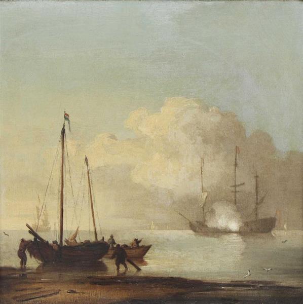 Fishing boats by the shore and a merchantman firing the evening gun - Peter Monamy