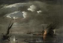 Caulking ship by moonlight at the Nore - Peter Monamy