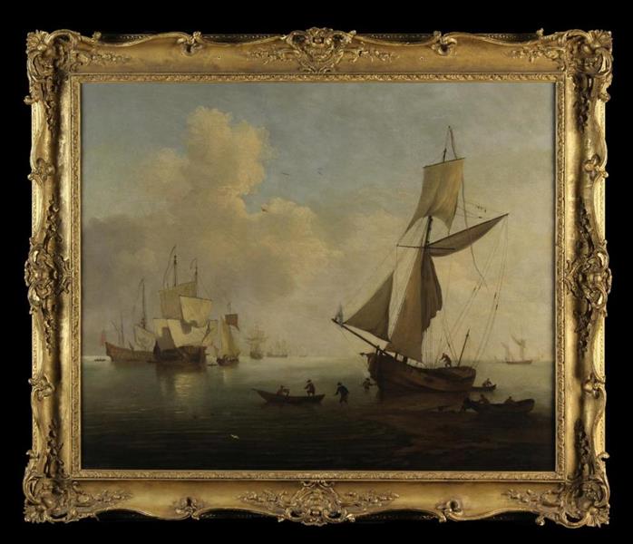 shipping scene with anchored vessels with sea folk unloading in the foreground - Peter Monamy