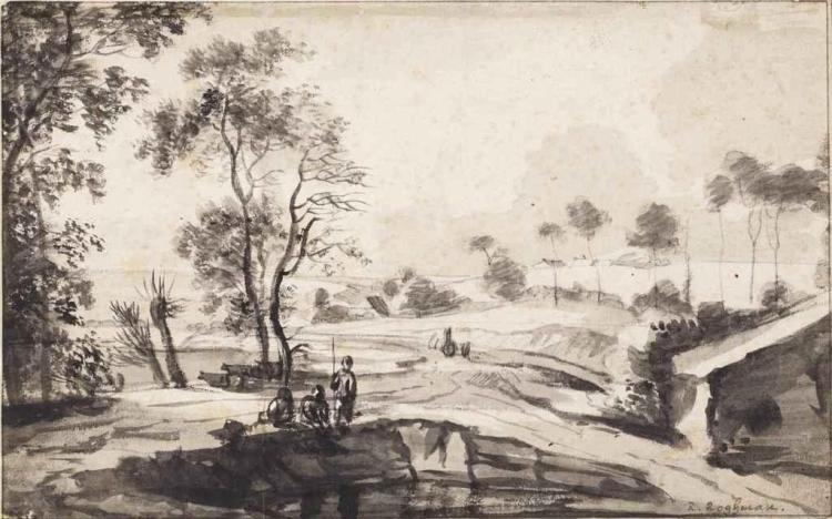 A wooded river landscape with fishermen - Roelant Roghman