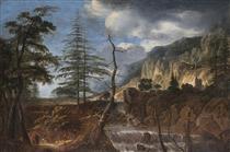 Mountainous landscape with travellers near waterfall - Roelant Roghman