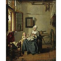 Interior with a woman and child sewing by an open window, a dog asleep in a chair - Wybrand Hendriks