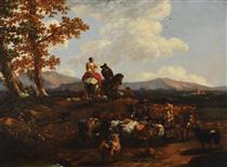 Shepherds, cattle and sheep in a landscape - Abraham Begeyn