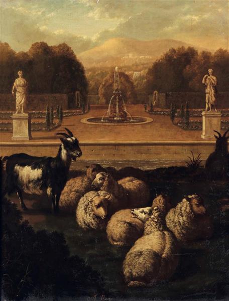 Veduta di giardino con fontana e armenti - Abraham Begeyn