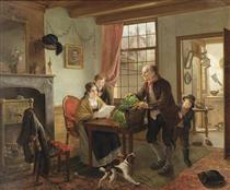 A family in an interior with a dog and cat - Adriaan de Lelie
