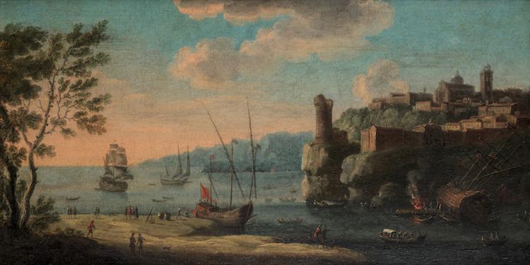 A Mediterranean harbour scene with fishermen on the shore - Alessandro Grevenbroeck