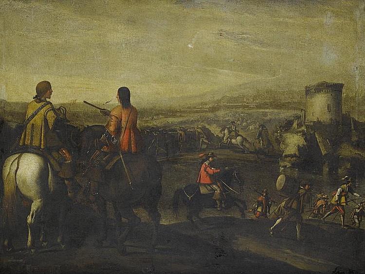 Mounted officers with a cavalry skirmish in the distance - Aniello Falcone