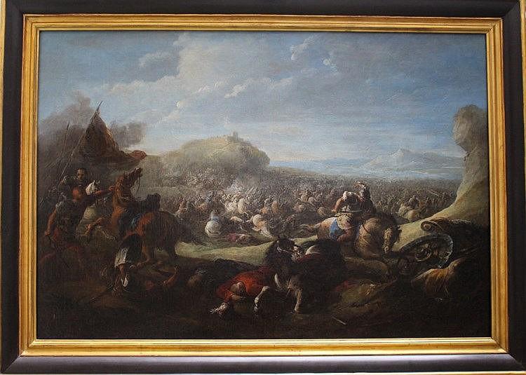 Large battle scene between European and Oriental cavalry troops, in wide landscape by the sea - Aniello Falcone