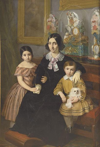Portrait of Manuel de Sandoval with his two sons and dog - Antonio Maria Esquivel